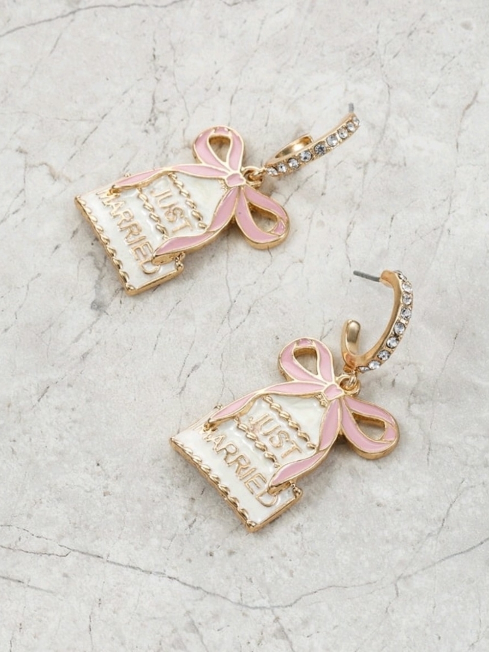 Packed Party Gold-Tone 'Just Married' Pink & White Bow Drop Earrings - Picture 3 of 3